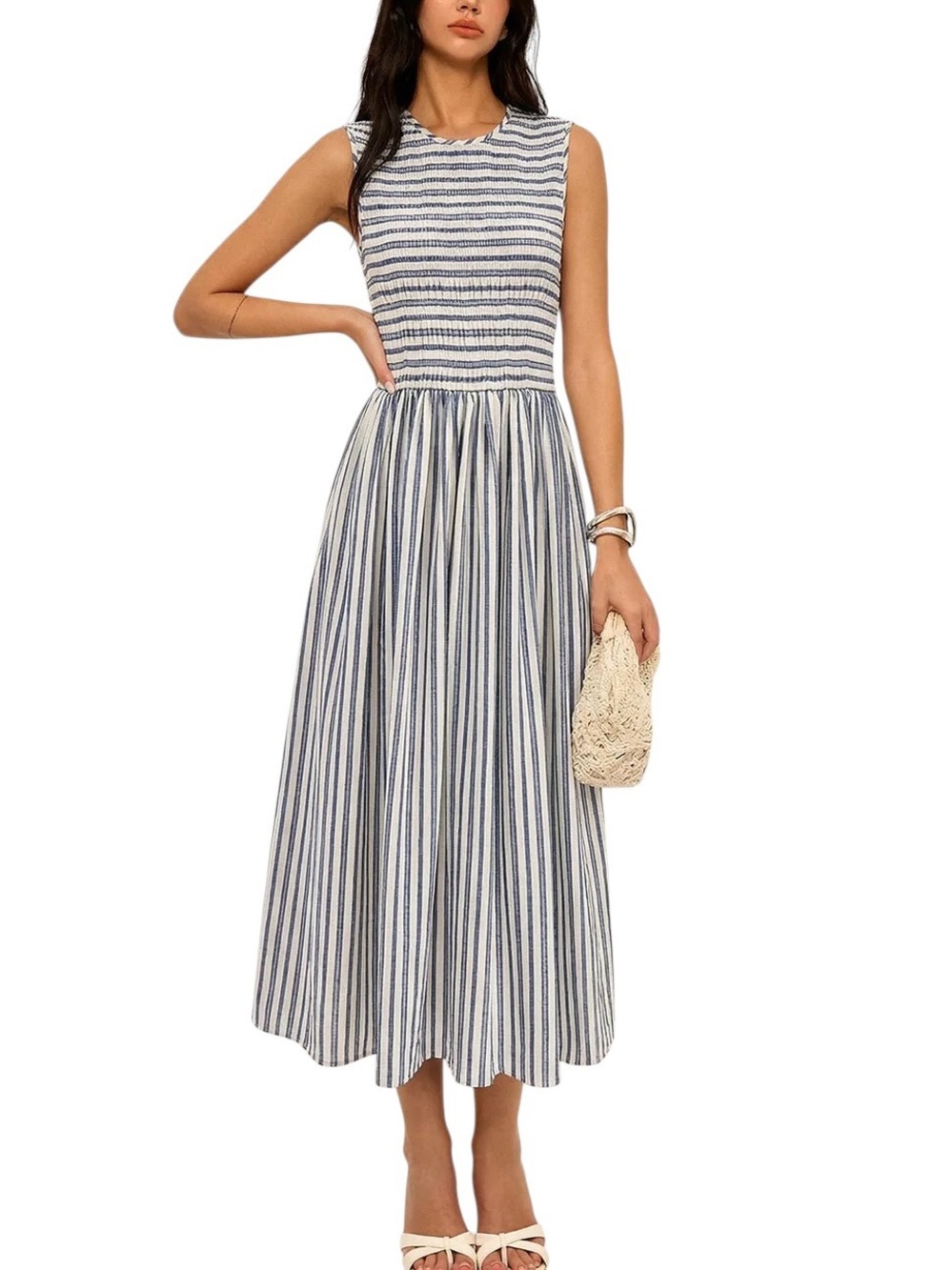 Commense Blue White Striped 100% Cotton Smocked Maxi Dress Pockets NWT Medium